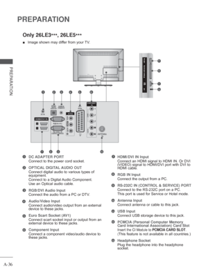 Page 40
A-36
PREPARATION
PREPARATION
Only 26LE3***, 26LE5
***
 
■  Image shown may differ from your TV.
DC ADAPTER PORT
Connect to the power cord socket.
OPTICAL DIGITAL AUDIO OUT 
 
Connect digital audio to various types of 
equipment. 
Connect to a Digital Audio Component.
Use an Optical audio cable. 
RGB/DVI Audio Input
  Connect the audio from a PC or DTV. 
Audio/Video Input
 
Connect audio/video output from an external 
device to these jacks.
Euro Scart Socket (AV1) 
    Connect scart socket input or...