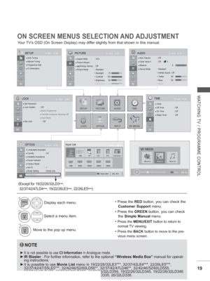 Page 67
19
WATCHING TV / PROGRAMME CONTROL
ON SCREEN MENUS SELECTION AND ADJUSTMENT
Your TVs OSD (On Screen Display) may differ slightly from that shown in this manual.
OK
Move
●
 Auto Tuning● Manual Tuning● Programme Edit● CI Information   
SETUP
• Press the  RED button, you can check the 
Customer Support  menu.
• Press the  GREEN button, you can check 
the  Simple Manual  menu.
• 
Press the  MENU/EXIT  button to return to 
normal TV viewing.
• Press the  BACK button to move to the pre-
vious menu screen....