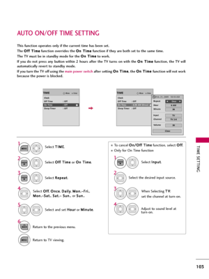 Page 103TIME SETTING
103
AUTO ON/OFF TIME SETTING
This function operates only if the current time has been set.
The O Of
ff
f 
 T
Ti
im
me
e
function overrides the O On
n 
 T
Ti
im
me
e
function if they are both set to the same time.
The TV must be in standby mode for the O On
n 
 T
Ti
im
me
e
to work.
If  you  do  not  press  any  button  within  2  hours  after  the  TV  turns  on  with  the O On
n 
 T
Ti
im
me
e
function,  the  TV  will
automatically revert to standby mode.
If you turn the TV off using the...