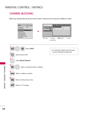 Page 108PARENTAL CONTROL / RATING
108
CHANNEL BLOCKING
PARENTAL CONTROL / RATINGS
Blocks any channels that you do not want to watch or that you do not want your children to watch. 
Select B Bl
lo
oc
ck
k 
 C
Ch
ha
an
nn
ne
el
l
.
Select a channel to block or unblock.
4 3
ENTER
Select L LO
OC
CK
K
.
1
MENUENTER
Input the password.2123
45
06
789
6
BACKReturn to the previous menu.
MENUReturn to TV viewing.
EnterMoveLOCK
Lock System            : Off
Set Password
Block Channel
Movie Rating
TV Rating-Children
TV...