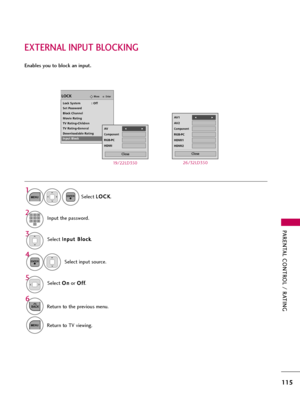 Page 115PARENTAL CONTROL / RATING
115
EXTERNAL INPUT BLOCKING
Enables you to block an input.
Select I In
np
pu
ut
t 
 B
Bl
lo
oc
ck
k
.
Select input source.
4 3
Select O On
n
or O Of
ff
f
.5
ENTER
Select L LO
OC
CK
K
.
1
MENUENTER
Input the password.2123
45
06
789
6
BACKReturn to the previous menu.
MENUReturn to TV viewing.
EnterMoveLOCK
Lock System            : Off
Set Password
Block Channel
Movie Rating
TV Rating-Children
TV Rating-General
Downloadable Rating
Input Block
AV
Component
RGB-PC
HDMI
F FG
G
Close...