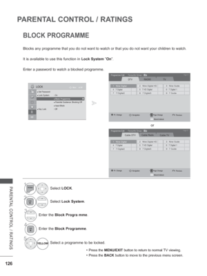 Page 174
126
PARENTAL CONTROL / RATINGS
PARENTAL CONTROL / RATINGS
BLOCK PROGRAMME
Blocks any programme that you do not want to watch or that you do not wa\
nt your children to watch.
It is available to use this function in Lock System ”On ”.
Enter a password to watch a blocked programme.
• 
Press the MENU/EXIT  button to return to normal TV viewing.
• Press the BACK button to move to the previous menu screen.
1Select LOCK.
2Select  Lock System .
3Enter the Block Progra mme .
4Enter the Block Programme .
5...