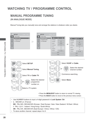 Page 76
28
WATCHING TV / PROGRAMME CONTROL
WATCHING TV / PROGRAMME CONTROL
MANUAL PROGRAMME TUNING
(IN ANALOGUE MODE)
Manual Tuning lets you manually tune and arrange the stations in whatever order \
you desire. 
• Press the MENU/EXIT  button to return to normal TV viewing.
• Press the BACK button to move to the previous menu screen.
•  Use NUMBER
 buttons to input a 4-digit password in 
Lock System ‘On ’.
•  L : SECAM L/L’ (France)
  BG  : PAL B/G, SECAM B/G (Europe / East Europe / Asia / New Zealand / M.East...