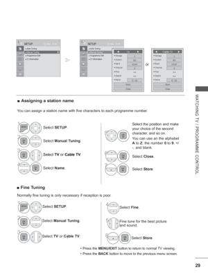 Page 77
29
WATCHING TV / PROGRAMME CONTROL
You can assign a station name with five characters to each programme numb\
er.
 
■ Assigning a station name
• Press the  MENU/EXIT  button to return to normal TV viewing.
• Press the BACK button to move to the previous menu screen.
1Select SETUP .
2Select Manual Tuning .
3
Select TV or Cable TV .
4Select Name.
5
Select the position and make 
your choice of the second 
character, and so on.
You can use an the alphabet 
A to  Z, the number  0 to  9, +/ 
-, and blank....