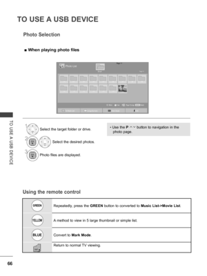 Page 114
66
TO USE A USB DEVICE
TO  USE A  USB  DEVICE
GREENRepeatedly, press the GREEN button to converted to Music List->Movie List.
YELLOWA method to view in 5 large thumbnail or simple list.
BLUEConvert to Mark Mode.
Return to normal TV viewing.
Using the remote control
Photo Selection
 ■When playing photo files
1Select the target folder or drive.
2Select the desired photos.
3Photo files are displayed.
• Use the P        button to navigation in the 
photo page.
Page 1/1Photo List
Drive1Page 1/1...