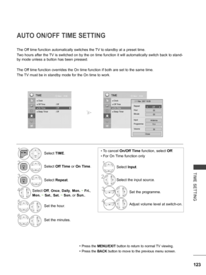 Page 171
123
TIME  SETTING
AUTO ON/OFF TIME SETTING
The Off time function automatically switches the TV to standby at a preset time.
Two hours after the TV is switched on by the on time function it will automatically switch back to stand-
by mode unless a button has been pressed.
The Off time function overrides the On time function if both are set to the same time.
The TV must be in standby mode for the On time to work.
•  To cancel On/Off Time function, select Off.
•  For On Time function only
• Press the...