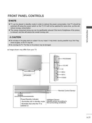 Page 29
A-25
PREPARATION
FRONT PANEL CONTROLS
NOTE
 ►TV can be placed in standby mode in order to reduce the power consumption. And TV should be 
switched off using the power switch on the TV if it will not be watched for some time, as this will 
reduce energy consumption. 
 ►The energy consumed during use can be significantly reduced if the level of brightness of the picture 
is reduced, and this will reduce the overall running cost.
  CAUTION
 ►Do not step on the glass stand or subject it to any impact. It...