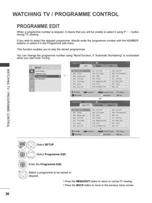 Page 78
30
WATCHING TV / PROGRAMME CONTROL
WATCHING  TV  /  PROGRAMME  CONTROL
PROGRAMME EDIT 
When a programme number is skipped, it means that you will be unable to select it using P       button during TV viewing. 
If you wish to select the skipped programme, directly enter the programme number with the NUMBER buttons or select it in the Programme edit menu.
This function enables you to skip the stored programmes.
You can change the programme number using “Move”function, if “Automatic Numbering” is unchecked...