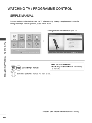 Page 88
40
WATCHING TV / PROGRAMME CONTROL
WATCHING  TV  /  PROGRAMME  CONTROL
SIMPLE MANUAL
You can easily and effectively access the TV information by viewing a simple manual on the TV.
During the Simple Manual operation, audio will be muted.
• Press the EXIT button to return to normal TV viewing.
Press OK(     ) to set programme settings.
1Select Simple Manual.
2Select the part of the manual you want to see.
PICTURE
LOCKOPTION
AUDIO
INPUT
TIME
MY MEDIA
SETUP
ExitCustomer SupportSimple Manual
GREEN
 ■Image...