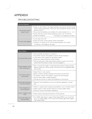 Page 26APPENDIX
26
TROUBLESHOOTING
APPENDIX
Abnormal Operation
The remote control doesn ’t work
ë Check  to  see  if  there  is  any  object  between  the  pro duct  and  the  remote 
control  causing  obstruction.  Ensure  you  are  pointin g  the  remote  control 
directly at the TV.
ë Ensure that the batteries are installed with correc t polarity (+ to +, - to -).
ë Ensure that the correct remote operating mode is se t: TV, VCR etc.
ë Install new batteries.
TV turns off suddenly
ë Is the sleep timer...