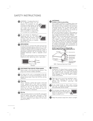 Page 44
SAFETY INSTRUCTIONS
15WARNING - To reduce the risk of  
fire  or  electrical  shock,  do  not  
expose  this  product  to  rain,  
moisture or other liquids. Do not  
touch the TV with wet hands. Do 
not  install  this  product  near  
flammable objects such as gas- 
oline or candles or expose the  
T V  to  direct  air  conditioning. 
16Do  not  expose  to  dripping  or  
splashing  and  do  not  place  
objects  filled  with  liquids,  such  
as  vases,  cups,  etc.  on  or  over  
the  apparatus...