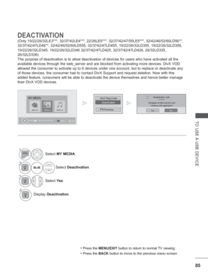 Page 133
85
TO USE A USB DEVICE
DEACTIVATION 
(Only 19/22/26/32LE3***, 32/37/42LE4***, 22/26LE5***, 32/37/42/47/55LE5\
***, 32/42/46/52/60LD56**, 
32/37/42/47LD46**, 32/42/46/52/60LD555, 32/3742/47LD455, 19/22/26/32LD35\
5, 19/22/26/32LD356, 
19/22/26/32LD345, 19/22/26/32LD346 32/37/42/47LD425, 32/37/42/47LD426, 2\
6/32LD335, 
26/32LD336)
The purpose of deactivation is to allow deactivation of devices for user\
s who have activated all the 
available devices through the web_server and are blocked from...