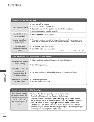 Page 102
100
APPEN\bIX
APPENDI\b
T
Th
he
e 
 a
a u
u d
d \b
\bo
o  
 f
fu
u n
n \f
\ft
t\b
\bo
o n
n 
 d
d o
o e
es
s 
 n
n o
o t
t 
 w
w o
or
rk
k .
.
T
T h
he
er
re
e  
 \b
\bs
s  
 a
a  
 p
p r
ro
o b
bl
le
e m
m  
 \b
\bn
n  
 P
P C
C  
 m
m o
od
de
e.
. 
  (
( O
O n
nl
ly
y  
 P
P C
C  
 m
m o
od
de
e 
 a
a p
p p
pl
l\b
\be
e d
d )
)
APress the  + -button.
ASound muted? Press  M\fTEbutton.
ATry another \fhannel. The problem may be w\bth the broad\fast.
AAre the aud\bo \fables \bnstalled properly?
AAdjust...