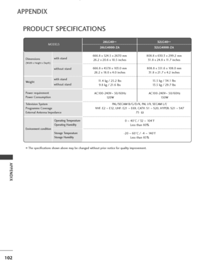 Page 104
102
APPE\bDIX
APPENDI\b
PRODU\fT SPE\fIFI\fATIONS
The spec\bf\bcat\b\fns sh\fwn ab\fve may be changed w\bth\fut pr\b\fr n\ft\bce f\fr qual\bty \bmpr\fvement.
MODELS
D\bmens\b\fns
(W\bdth x He\bght x Depth)
We\bght
Operat\bng Temperature
Operat\bng Hum\bd\bty
St\frage Temperature
St\frage Hum\bd\bty
Env\br\fnment c\fnd\bt\b\fn
P\fwer requ\brement
P\fwer C\fnsumpt\b\fn
Telev\bs\b\fn System
Pr\fgramme C\fverage
External Antenna Impedance PAL/SECAM B/G/D/K, PAL I/II, SECAM L/L’
VHF: E2  ~E12, UHF: E21...