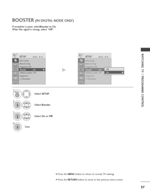 Page 3937
WATCHING TV / PROGRAMME CONTROL
If reception is poor, selectBoosterto On.
When the signal is strong, select “
Off”.
BOOSTER(IN DIGITAL MODE ONLY)
Select SETUP.
2
Select Booster.
3
Select On orOff.
4
Save.
SETUPMoveOK
Auto tuning
Manual tuning
Programme Edit
Booster              : On
Software Update : Off
Diagnostics
CI Information
Booster            : On
SETUPMoveOK
Auto tuning
Manual tuning
Programme Edit
Booster              : On
Software Update : Off
Diagnostics
CI Information
Booster            :...