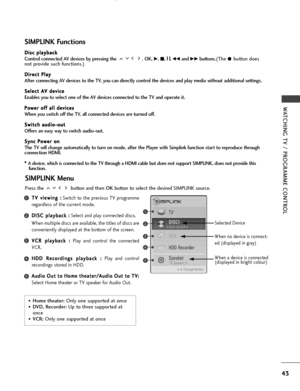 Page 45
43
WATCHI\bG TV / \fROGRAMME CO\bTROL

D
Di
is
s c
c  
 p
p l
la
a y
y b
b a
ac
ck
k
Control connected AV devices by pressing the
, OK, G, A,  l
l
 
  l
l
, FFand GGbuttons.(TheÔ b\btton \foes
not provi\fe s\bch f\bnctions.)
D
D i
ir
r e
e c
ct
t 
 \f
\f l
la
a y
y  
 
After connecting AV devices to the TV, you can directly control the devices and play media without additional settings.
S
S e
el
le
e c
ct
t 
 A
A V
V 
 d
d e
ev
vi
ic
c e
e
Enables you to select one of the AV devices connected to the TV...