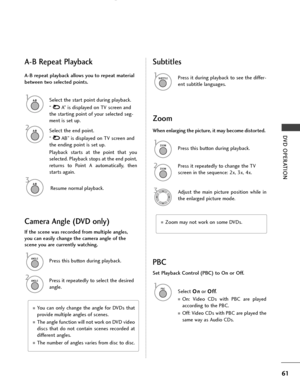 Page 6361
DVD OPERATION
Select the start point during playback.
“ A” is displayed on TV screen and
the starting point of your selected seg-
ment is set up.
Resume normal playback. A-B repeat playback allows you to repeat material
between two selected points.
1A-B
Select the end point.
“ AB” is displayed on TV screen and
the ending point is set up.
Playback starts at the point that you
selected. Playback stops at the end point,
returns to Point A automatically, then
starts again.2A-B
3A-B
Press it during...