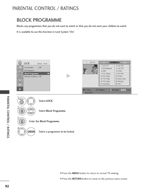 Page 9492
PARENTAL CONTROL / RATINGS
PARENTAL CONTROL / RATINGS
BLOCK PROGRAMME
Blocks any programmes that you do not want to watch or that you do not want your children to watch.
It is available to use this function in Lock System “On”.
Select LOCK.
2
Select Block Programme.
1
Lock System : Off
Set Password
Block Programme
Parental Guidance : Off
LOCKMoveOK
Block Programme
YLE TV11TVDTVRadio
1 YLE TV12 YLE TV2
4 TV4 Stockholm5 YLE FST
6 CNN8 YLE24
9 YLE Teema14 TV4 Film
24 TV4 Fakta50 TV400
24 TV4 Fakta84...