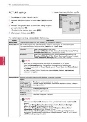 Page 6666
ENGENGLISH
CUSTOMIZING SETTINGS
PICTURE settings
1 Press Home to access the main menus.
2 Press the Navigation buttons to scroll to PICTURE and press 
OK.
3 Press the Navigation buttons to scroll to the setting or option 
you want and press OK.
- To return to the previous level, press BACK.
4  When you are finished, press EXIT.
PICTUREOKMove● Aspect Ratio        : 16:9● Picture Wizard●      Energy Saving : Intelligent Sensor● Picture Mode        : Vivid                                ● Contrast...
