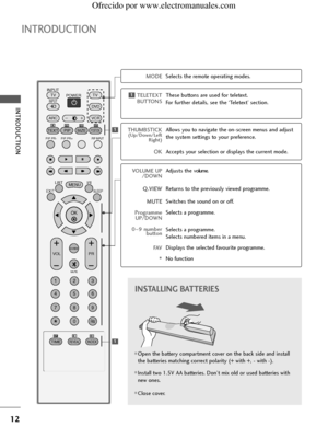 Page 14
12
INTROD\bCTION
INTROD\bCTION

OK 
INPUTTV
TV
PIP PR- PIP PR+PIP INPUT
DV D
ARC
EXIT
VOL
TIME
REVEALINDEX
Q.VIEW
PR
SLEEP
LISTI/II
MENU
TEXT PIP SIZE
POSTION
VCR
POWER
123
456
789
*FAV
?
0
INPUT
MUTE

1
1
1

Open the \battery \fompartment \fover on the \ba\fk side and install
the \batteries mat\fhing \forre\ft polarity (+ with +, - with -).
Install two 1.5V AA \batteries. Don’t mix old or used \batteries with
new ones.
Close \fover.
INST\bLLING B\bTT\fRI\fS
MODE
Sele\fts the remote operating modes....