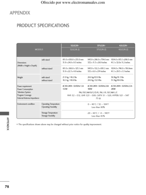 Page 8078
PRODUCT SPECIFICATIONS
APPENDIX
APPENDIX
The specifications shown above may be changed without prior notice for quality improvement.
32LE2R
*
32LE2R-ZJ37LE2R
*
37LE2R-ZJ MODELS
PAL/SECAM B/G/D/K, PAL I/II, SECAM L/L’
VHF: E2 
~E12, UHF: E21 ~E69, CATV: S1 ~S20, HYPER: S21 ~S47
75  Ω
0 ~40°C / 32 ~ 104°F
Less than 80%
-20 ~60°C / -4 ~ 140°F
Less than 85% Dimensions
(Width x Height x Depth)
Weight
Power requirement
Power Consumption
Television System
Program Coverage
External Antenna Impedance...