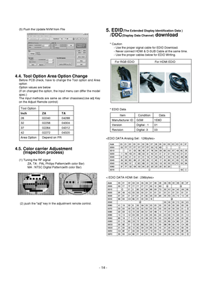 Page 14
- 14 -
(5) Push the Update NVM from File
4.4. Tool Option Area Option Change
Before PCB check, have to change the Tool option and Area
option
Option values are below
(If on changed the option, the input menu can differ the model
spec.)
The input methods are same as other chassises(Use adj Key
on the Adjust Remote control)
4.5. Color carrier Adjustment(Inspection process)
(1) Tuning the RF signal
ZA, TA : PAL Philips Pattern(with color Bar)
MA : NTSC Digital Pattern(with color Bar)
(2) push the adj key...