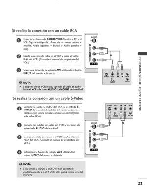 Page 2523
CONFIGURACIÓN DEL EQUIPO EXTERNO
Si realiza la conexión con un cable RCA
G GSi las tomas S-VIDEO y VIDEO se han conectado 
simultáneamente a S-VHS VCR, sólo podrá recibir la señal 
S-VIDEO. 
NOTA!
AV IN 3
L / MONO
R
AUDIO
VIDEO
S-VIDEO
AV IN 3
L/MONO
MONO
R
AUDIO
AUDIO
VIDEO
VIDEO
S-VIDEO
LRS-VIDEOVIDEO
OUTPUT
SWITCHANT IN
ANT OUT
AV IN 3
L/MONO
MONO
R
AUDIO
AUDIO
VIDEO
VIDEO
S-VIDEO
AV IN 3
L / MONO
R
AUDIO
VIDEO
S-VIDEO
LRS-VIDEOVIDEO
OUTPUT
SWITCHANT IN
ANT OUT
Conecte  las  tomas  de A AU
UD
DI...