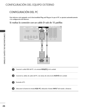 Page 2826
CONFIGURACIÓN DEL EQUIPO EXTERNO
CONFIGURACIÓN DEL PC
CONFIGURACIÓN DEL EQUIPO EXTERNO
Este televisor está equipado con la funcionalidad Plug and Play,por lo que el PC se ajustará automáticamente
a la configuración del televisor.
Si realiza la conexión con un cable D-sub de 15 patillas
12
RGB OUTPUTAUDIO
Conecte la salida RGB del PC a la entrada R RG
GB
B(
(P
PC
C)
) 
 
de la unidad. 
Conecte las salidas de audio del PC a las tomas de entra da de A AU
UD
DI
IO
O
de la unidad. 
Encienda el PC....