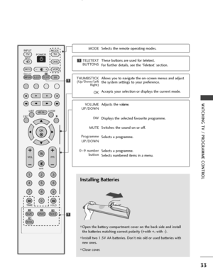 Page 3533
WATCHING TV / PROGRAMME CONTROL
Installing Batteries
■Open the battery compartment cover on the back side and install
the batteries matching correct polarity (
+with +,-with -)
.
■Install two 1.5V AA batteries. Don’t mix old or used batteries with
new ones.
■Close cover.
OK 
INPUT
MODE
TV TV
DV D
RATIO
EXIT
VOL
UPDATEINDEX
PR
SLEEP
LISTQ.VIEW
I/II
MENU
SIZEVCR POWER
123
456
789
*
0
FAV
REVEAL
?
TEXTSIMPLINK
INPUT
MUTE
TIMEHOLD
1
1
1
MODESelects the remote operating modes.
TELETEXT
BUTTONSThese buttons...