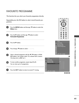 Page 4341
WATCHING TV / PROGRAMME CONTROL
FAVOURITE PROGRAMME
Press the M ME
EN
NU
U
button and then D D/
/ 
 E
Ebutton to select the
Setupmenu.
Press the 
G Gbutton and then D
D/
/ 
 E
Ebutton to select
Favourite Programme.
Press the 
G Gbutton. 
Press the 
D D/
/ 
 E
Ebutton to select - -  - - - - -. 
Select a desired programme with the 
F F/
/ 
 G
Gbutton or NUM-
BER buttons. Any number under 10 is entered with a numeric
‘0’in front of it, i.e.‘0 05
5
’ for 5. 
To store another programme, repeat steps
4to 5....