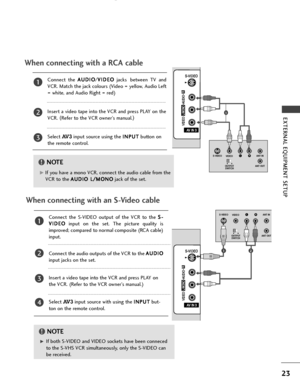 Page 2523
EXTERNAL EQUIPMENT SETUP 
When connecting with a RCA cable
G GIf both S-VIDEO and VIDEO sockets have been conneced
to the S-VHS VCR simultaneously, only the S-VIDEO can
be received.
NOTE!
AV IN 3
L / MONO
R
AUDIO
VIDEO
S-VIDEO
AV IN 3
L/MONO
MONO
R
AUDIO
AUDIO
VIDEO
VIDEO
S-VIDEO
LRS-VIDEOVIDEO
OUTPUT
SWITCHANT IN
ANT OUT
AV IN 3
L/MONO
MONO
R
AUDIO
AUDIO
VIDEO
VIDEO
S-VIDEO
AV IN 3
L / MONO
R
AUDIO
VIDEO
S-VIDEO
LRS-VIDEOVIDEO
OUTPUT
SWITCHANT IN
ANT OUT
Connect  the A AU
UD
DI
IO
O
/V VI
ID
DE
EO
O...