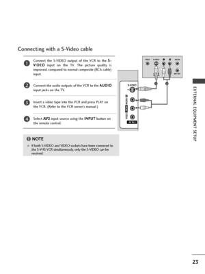 Page 2523
EXTERNAL EQUIPMENT SETUP 
G GIf both S-VIDEO and VIDEO sockets have been conneced to
the S-VHS VCR simultaneously, only the S-VIDEO can be
received.
NOTE!
HDMI IN  HDMI DVI IN 
HDMI IN  HDMI DVI IN 
AV IN 2
L/MONO
MONO
R
AUDIO
VIDEO
VIDEO
S-VIDEO
LRS-VIDEO VIDEO
OUTPUT
SWITCHANT IN
ANT OUT
AV  IN 1
L/MONO
RAUDIO
VIDEO
Connecting with a S-Video cable
Connect the S-VIDEO output of the VCR to the S S-
-
V VI
ID
DE
EO
O
input on the TV. The picture quality is
improved; compared to normal composite (RCA...