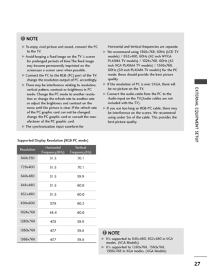 Page 2927
EXTERNAL EQUIPMENT SETUP 
NOTE!
G GTo enjoy vivid picture and sound, connect the PC
to the TV.
G
GAvoid keeping a fixed image on the TV ’s screen
for prolonged periods of time.The fixed image
may become permanently imprinted on the
screen;use a screen saver when possible.
G GConnect the PC to the RGB (PC) port of the TV;
change the resolution output of PC accordingly.
G GThere may be interference relating to resolution,
vertical pattern, contrast or brightness in PC
mode. Change the PC mode to another...