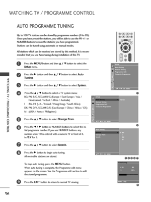 Page 38OK 
EXIT
VOLPR
SLEEPLISTQ.VIEWMENU
FAV
MUTEPress the M ME
EN
NU
U
button and then D D/
/ 
 E
Ebutton to select the
Setupmenu.
Press the 
G Gbutton and then D
D/
/ 
 E
Ebutton to select Auto
Tuning
.
Press the 
G Gbutton and then D
D/
/ 
 E
Ebutton to select System.
Press the 
D D/
/ 
 E
Ebutton to select a TV system menu;
BG: PAL B/G, SECAM B/G (Europe / East Europe / Asia / 
NewZealand / M.East / Africa / Australia)
I: PAL I/II (U.K. / Ireland / Hong Kong / South Africa)
DK: PAL D/K, SECAM D/K (East...