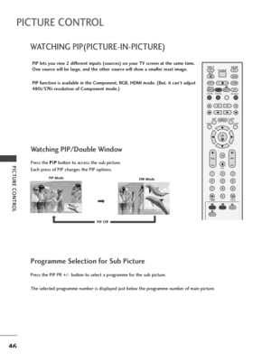 Page 48PICTURE CONTROL
46
WATCHING PIP(PICTURE-IN-PICTURE)
PICTURE CONTROL
OK 
INPUT MODE
TV TV
DV D
RATIO
EXIT
VOL
POSITIONINDEX
PR
PIP
SLEEP
LISTQ.VIEW
I/II
MENU
SIZEVCRPIP PR- PIP PR+PIP INPUT
POWER
123
456
789
0
FAV
REVEAL?
TEXTSIMPLINK
INPUT
MUTE
TIMEHOLD
PIP lets you view 2 different inputs (sources) on your TV screen at the same time.
One source will be large, and the other source will show a smaller inset image.
PIP function is available in the Component, RGB, HDMI mode. (But, it can’t adjust
480i/576i...