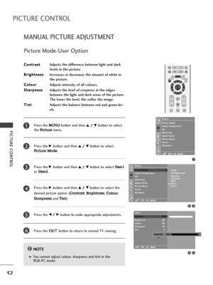 Page 54OK 
EXIT
VOLPR
SLEEPLISTQ.VIEWMENU
123
FAV
MUTE
PICTURE CONTROL
52
MANUAL PICTURE ADJUSTMENT
PICTURE CONTROL
Press the M ME
EN
NU
U
button and then D D/
/ 
 E
Ebutton to select 
the 
Picturemenu.
Press the 
G Gbutton and then D
D/
/ 
 E
Ebutton to select
Picture Mode.
Press the 
G Gbutton and then D
D/
/ 
 E
Ebutton to select User1
or User2.
Press the 
G Gbutton and then D
D/
/ 
 E
Ebutton to select the 
desired picture option (
Contrast, Brightness, Colour, 
Sharpnessand Tint).
Press the 
F F/
/ 
 G...