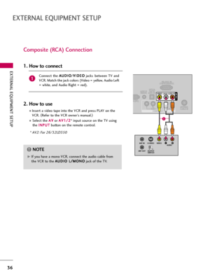 Page 36EXTERNAL EQUIPMENT SETUP
36
EXTERNAL EQUIPMENT SETUP
Composite (RCA) Connection
G GIf you have a mono VCR, connect the audio cable from
the VCR to the A AU
UD
DI
IO
O 
 L
L/
/M
MO
ON
NO
O
jack of the TV.
NOTE!
LRS-VIDEO VIDEO
AUDIO
OUTPUT
SWITCH ANT IN
ANT OUT
RS-232C IN(CONTROL&SERVICE)
ANTENNA
/CABLE INVIDEOYPBPRLRAUDIO
IN (PC)
COMPONENT IN
OPTICAL
DIGITALAUDIO OUT AUDIO IN(RGB/DVI)VIDEOAUDIORL(MONO)AV IN 1
1
Connect  the A AU
UD
DI
IO
O
/V VI
ID
DE
EO
O
jacks between  TV  and
VCR. Match the jack...