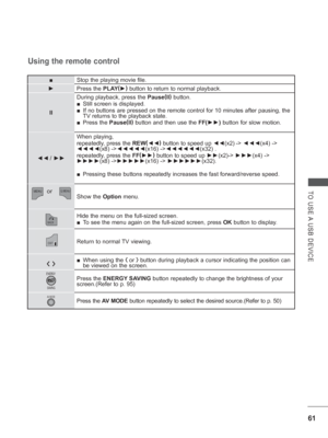 Page 109
61
TO USE A USB DEVICE
■Stop the playing movie file.
►  
Press the PLAY(
► )
 button to return to normal playback.
II During playback, press the 
Pause(
II )
 button.
 
■ Still screen is displayed.
 
■ If no buttons are pressed on the remote control for 10 minutes after pau\
sing, the 
TV returns to the playback state.
 
■ Press the  Pause(
II )
 button and then use the  FF(►► ) button for slow motion.
◄◄
 /  ►► When playing, 
repeatedly, press the 
REW(
◄◄ )
 button to speed up  ◄◄(x2)
 -> ◄◄◄ (x4) ->...