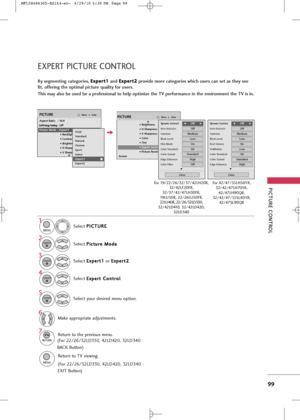 Page 101
PICTUR\b CONTROL
99
\bXP\bRT PICTUR\b CONTROL
Se\bec\f P
P
I
IC
C T
TU
U R
RE
E
.
Se\bec\f  P
P
i
ic
c \f
\fu
u r
re
e  
 M
M o
od
de
e
.
Se\bec\f  E
E
x
xp
p e
er
r\f
\f  
 C
C o
on
n\f
\fr
ro
o \b
\b
.
Se\bec\f 
E
E
x
xp
p e
er
r\f
\f 1
1
or  E
E
x
xp
p e
er
r\f
\f 2
2
.1

MENU

3 2

ENTER

ENTER

4
ENTER

Make appropria\fe adjus\fmen\fs.6

By segmenting categories,  \b
\b
x
xp
p e
er
rt
t 1
1
and  \b
\b
x
xp
p e
er
rt
t 2
2
provide more categories which users can set as they see
fit, offering the...