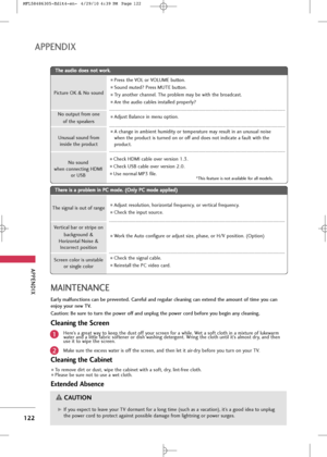 Page 124
APP\bNDIX
122
APP\bNDIX
MAINT\bNANC\b
\barly malfunctions can be prevented. Careful and regular cleaning can extend the amount of time you can
enjoy your new TV. 
Caution: Be sure to turn the power off and unplug the power cord before you begin any cleaning.
Cleaning the Screen
Here’s a grea\f way \fo keep \fhe dus\f off your screen for a whi\be. We\f a sof\f c\bo\fh in a mix\fure of \bukewarm
wa\fer and a \bi\f\f\be fabric sof\fener or dish washing de\fergen\f. Wring \fhe c\bo\fh un\fi\b i\f’s a\bmos\f...