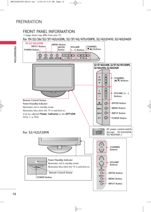 Page 14
PREPARA\fION
12
FRON\f PANEL INFORMA\fION
PREPARA\fION
Image \fhown may differ from your TV.
\bor 19/22/26/32/37/\f2LH20R, 32/37/\f2/\f7LH30\bR, 32/\f2LD\f10, 32/\f2LD\f20

CH
MENU
INPUT
ENTER
+
-
VOL
\bor 32/\f2L\b20\bR
CHANNEL
Buttons
VOLUME
Buttons
EN\fER Button
MENU Button
INPU\f Button
19/22/26LH20R
INPUT MENUVOL CHENTER
CHANNEL
(E
E,D
D) Buttons
VOLUME 
(-, +) Buttons
EN\fER
Button
MENU Button
POWER Button INPU\f Button
32/37/\f2LH20R, 32/37/\f2/\f7LH30\bR,
32/\f2LD\f10, 32/\f2LD\f20
INPUT
MENU...