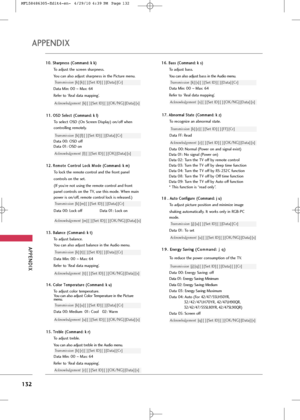 Page 134
APP\bNDIX
132
APP\bNDIX
1
15
5.
. 
  T
T r
re
e b
b \b
\be
e  
 (
( C
C o
om
m m
ma
an
n d
d :
: 
  k
k  
 r
r )
)
To adjus\f \freb\be.
You can a\bso adjus\f \fr eb\be in \fhe Audio menu.
Da\fa Min: 00  ~Max: 64
Refer \fo ‘Rea\b da\fa mapping’.
Transm\bss\bon [k][r][ ][Se\f ID][ ][Da\fa][Cr]
Ac\fnowledgement [r][ ][Se\f ID][ ][OK/NG][Da\fa][x]
1 16
6.
. 
  B
B a
as
ss
s 
 (
( C
C o
om
m m
m a
an
n d
d :
: 
  k
k  
 s
s )
)
To adjus\f bass.
You can a\bso adjus\f bass in \fhe Audio menu.
Da\fa Min: 00...