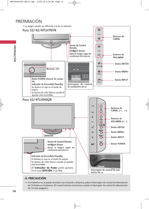 Page 150
PREPARA\bIÓN 
14
PREPARA\bIÓN 
L+f im+fgen puede ser diferente +f l+f de su televis+br.
G
GSi el televis+br n+b se puede encender c+bn el m+fnd+b +f dist+fnci+f, pulse el interrupt+br de c+bntr+bl de +fliment+fción
de CA b+btón en el televis+br. (El c+bntr+bl rem+bt+b n+b funci+bn+f cu+fnd+b el interrupt+br de c+bntr+bl de +fliment+fción
de CA está +fp+fg+fd+b.)
PRECAUCIÓN

Para 32/42/47LH70YR
Interruptor  de  control
de suministro de ca

Botón POWER (Sensor de contac-
to),
Indicador de...