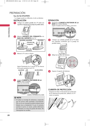 Page 164
28
PREPARA\bIÓN 
PREPARA\bIÓN 

M+bnte el S
S
O
O P
PO
O R
RT
T E
E 
 D
D E
EL
L 
 C
C O
O N
NJ
JU
U N
N T
TO
O
en l+f
B
B A
A S
SE
E 
 D
D E
EL
L 
 S
S O
O P
PO
O R
RT
T E
E
de l+f TV.2
M+bnte l+f TV c+bm+b se ilustr+f.3
Ajuste  firmemente  l+bs  4  pern+bs  en  l+bs  huec+bs
de l+f p+frte p+bsteri+br de l+f TV. C+bl+bque  c+bn  cuid+fd+b  p+fnt+fll+f  de  l+f  TV  s+bbre  un+f
superficie +fc+blch+fd+f que l+f pr+btej+f de p+bsibles d+fñ+bs.
1
INSTALA\bIÓN
G GAl re+fliz+fr un m+bnt+fje de s+bbremes+f,...