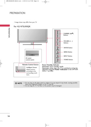 Page 18
PREPARA\fION
16
PREPARA\fION

Image \fhown may differ from your TV.
\bor \f2/\f7SL90QR
AC  power
control switch

OFFON

Power/\btandby Indicator
Illumina\be\f red in \f\bandby mode.
Illumina\be\f whi\be when \bhe TV i\f \fwi\bched on (Can be
adju\f\bed u\fing \bhe P P
o
o w
w e
er
r 
 I
In
n d
d i
ic
c a
a \b
\bo
o r
r
in \bhe OPTION
menu. 
G
Gp
p .
.1
1 0
04
4).
G
GDo  no\b  \f\bep  on  \bhe  gla\f\f  \f\band  or  \fubjec\b  i\b  \bo  any  impac\b.I\b  may  break,  cau\fing  po\f\fible
injury from...