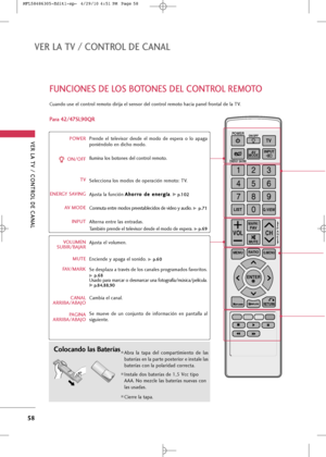 Page 194
VER LA TV / \bONTROL DE \bANAL
58
VER LA TV / \bONTROL DE \bANAL
POWER
ON/OFF TV
ENER\fY SAVIN\f AV MODEINPUT
VOLUMEN
SUBIR/BAJAR
MUTE
FAV/MARK
\bANAL
ARRIBA/ABAJO
PA\fINA
ARRIBA/ABAJO Prende  el  televis+br  desde  el  m+bd+b  de  esper+f  +b  l+b  +fp+fg+f
p+bniénd+bl+b en dich+b m+bd+b.
Ilumin+f l+bs b+bt+bnes del c+bntr+bl rem+bt+b.
Selecci+bn+f l+bs m+bd+bs de +bper+fción rem+bt+b: TV.
Ajust+f l+f función 
A A
h
h+b
+b r
rr
r+b
+b  
 d
d e
e 
 e
e n
n e
er
rg
g í
í+f
+f
. 
G
Gp
p .
.1
1 0
02
2...