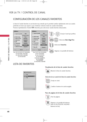 Page 204
VER LA TV / \bONTROL DE \bANAL
68
VER LA TV / \bONTROL DE \bANAL
\bONFI\fURA\bIÓN DE LOS \bANALES FAVORITOS
L+f list+f de C+fn+fles f+fv+brit+bs es un+f función muy cóm+bd+f que le permitirá c+fmbi+fr rápid+fmente entre sus c+fn+fles
preferid+bs sin tener que esper+fr +f que el televis+br sint+bnice t+bd+bs l+bs c+fn+fles intermedi+bs.
Presi+bne repetid+fmente el b+btón F F
A
A V
V 
 
(F+fv+brit+b) p+fr+f selecci+bn+fr c+fn+fles f+fv+brit+bs +flm+fcen+fd+bs.
TV2
TV5
TV6

Lista de favoritos
Salir...
