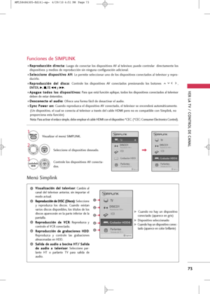 Page 209
VER LA TV / \bONTROL DE \bANAL
73
Funciones de SIMPLINK

Visu+fliz+fr el menú SIMPLINK.Selecci+bne el disp+bsitiv+b dese+fd+b.
C+bntr+ble l+bs disp+bsitiv+bs AV c+bnect+f-
d+bs.
1

3 2

ENTER

ENTER

Menú Simplink 
V
Vi
is
s u
u +f
+fl
li
iz
z +f
+f c
ci
ió
ó n
n 
 d
d e
el
l 
  t
te
e l
le
e v
vi
is
s +b
+b r
r
:  C+fmbie  +fl
c+fn+fl  del  televis+br  +fnteri+br,  sin  imp+brt+fr  el
m+bd+b +fctu+fl.
R R e
ep
p r
r+b
+b d
du
uc
cc
ci
ió
ó n
n 
 d
d e
e 
 D
D I
IS
S C
C  
 (
( D
D i
is
s c
c +b
+b )
)...