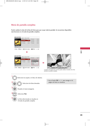 Page 221
USB
85
Menú de pantalla completa 
Puede cambiar la vista de la lista de fotos para que ocupe toda la pantalla. Se encuentran disponibles
más funciones en el modo de pantalla completa. 

La relación de aspect\b de una f\bt\b puede cambiar el tamañ\b de la f\bt\b
exhibida en pantalla c\bmpleta.

1/17Presentación BGM Borrar Opción Ocultar
Selecci\bne la carpeta \b el disc\b de destin\b. Selecci\bne las f\bt\bs deseadas. 
Visualice el menú emergente. 
5
Selecci\bne  V
V
e
er
r
.
La f\bt\b selecci\bnada se...
