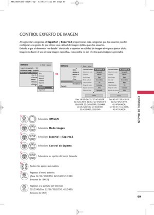 Page 235
CONTROL \bE IM\fGEN
99
CONTROL EXPERTO \bE IM\fGEN
Seleccio\be I
I
M
M A
A\f
\f E
EN
N
.
Seleccio\be  M
M
o
od
do
o  
 i
im
m a
ag
g e
e\b
\b
.
Seleccio\be  C
C
o
o\b
\bt
tr
ro
o l
l 
  d
d e
e 
 E
E x
xp
p e
er
rt
t o
o
.
Seleccio\be 
E
E
x
xp
p e
er
rt
t o
o 1
1
o E
E
x
xp
p e
er
rt
t o
o 2
2
.1

MENU

3 2

ENTER

ENTER

4
ENTER

Realice los ajustes adecuados.6

\fl segmentar categorías, el  E
E
x
xp
p e
er
rt
t o
o 1
1
y E
E
x
xp
p e
er
rt
t o
o 2
2
proporcionan más categorías que los usuarios...